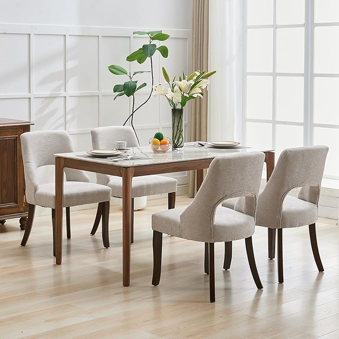 UVV Wooden Dining Chairs Set of 4, Mid Century Modern Upholstered Dining Room Chair Kitchen Chairs, Chenille Dinner Chair with Solid Wood Legs for Kitchen Dining Room, Light Grey-Chenille