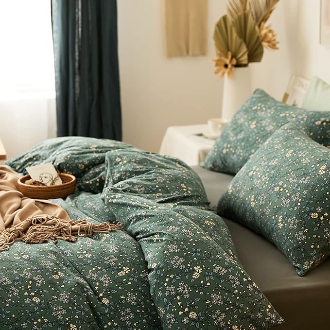 LifeTB Green Floral 100% Jersey Knit Cotton Duvet Cover Queen Vintage Style Botanical Floral Bedding Set Chic Shabby Green Floral Comforter Cover Girl Women Flower Bedding Cover with 2 Pillowcases