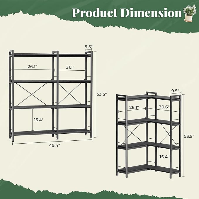 Huuger 4 Tier Bookshelf, L Shaped Corner Bookshelf with 8 Open Shelves, 49.4 Inch Straight Wide Bookcase with Metal Frame and Wooden Board, Adjustable Feet, Black