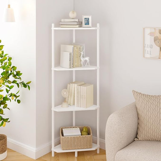 Wisuce Corner Shelf Stand - 4 Tier White Bamboo Small Corner Bookshelf for Office Kitchen Bedroom Plant Stand Living Room Decor Small Space