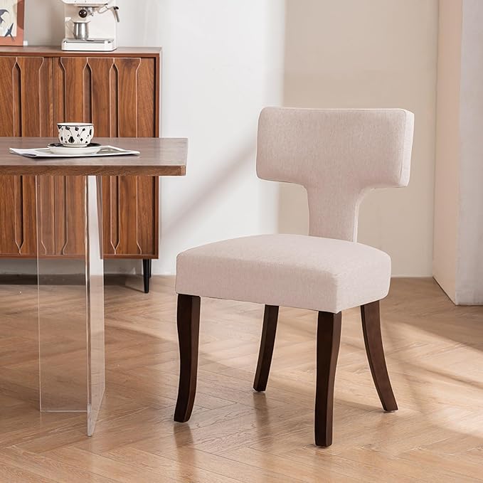 Mid Century Modern Dining Chairs Set of 2, Upholstered Side Dining Chairs with Curved Back Linen Fabric Armless Wood Chairs Kitchen & Dining Room Farmhouse Chairs (White)