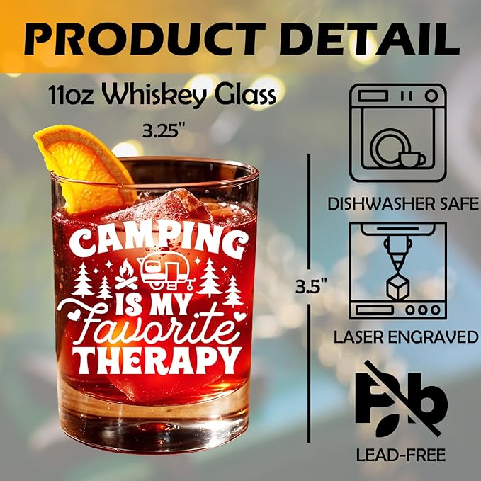 Camping Lovers Gifts Old Fashioned Whiskey Glasses, Rv Camper Gifts, Camping is My Favorite Therapy 10 oz Rocks Barware Cup for Cocktail Drinks Scotch Bourbon Liquor