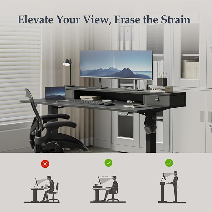 Klicelor 63 Inch Electric Standing Desk with Drawers, Adjustable Height Small Sit Stand Desk for Home Office, Compact Computer Workstation with Storage– Black