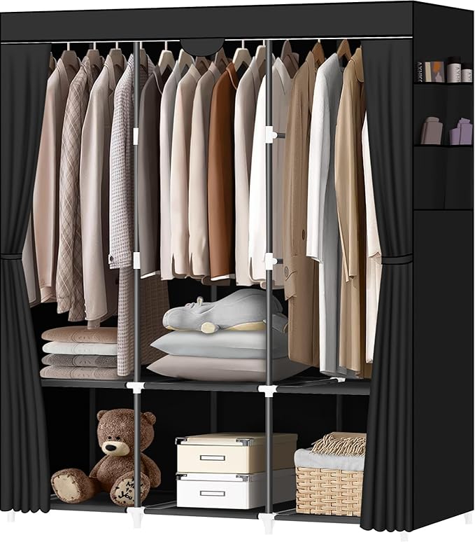 LOKEME Portable Closet, Portable Closets for Hanging Clothes with 3 Hanging Rods and 6 Storage Shelves and 4 Side Pockets, Black Wardrobe Closet Easy to Assemble and Strong and Stable