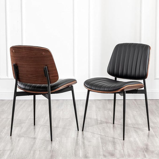 LUNLING Dining Chairs Set of 2 Mid Century Modern Retro Faux Leather Chair with Walnut Bentwood Upholstered Seat Metal Legs Chairs,Adjustable Foot for Kitchen Dining Room Chairs(Black)