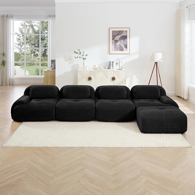 152" Modern Corduroy Cloud Sofa with Ottoman, L Shaped Boneless Modular Large Sectional Couches for Living Room, Black 4 Seater Compressed Memory Foam Couch, Extra Deep Seat, No Assembly
