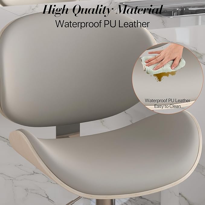 Adjustable Swivel Bar Stools Set of 2, Modern Bentwood Barstool with Large Metal Base and Footrest, PU Leather Upholstered Bar Chair with Curved Back for Kitchen Island Dining Room, Gray