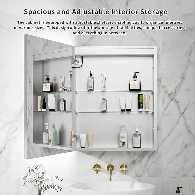 GroGro Lighted Medicine Cabinet with Mirror and Storage,24" W x 30" H LED Bathroom Medicine Cabinet with Mirror,Surface or Recessed Mounting,Defog,Dimming,3-Color Temperature,Left Opening Door