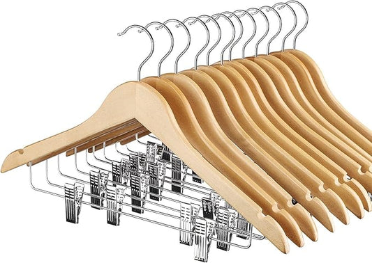 HOUSE DAY Wooden Hangers with Clips 48 Pack,Wooden Suit Hangers Skirt Hangers Solid Wood Pants Hangers Natural Smooth Finish Wood Hangers with Durable Metal Clips for Blouse, Dress, Coat, Jacket