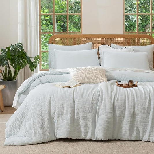 King Comforter Set Glacier Blue, 3 Pieces Double-Layer Crinkle Gauze Soft Bedding for All-Season Lightweight Warmth with 2 Pillowcases