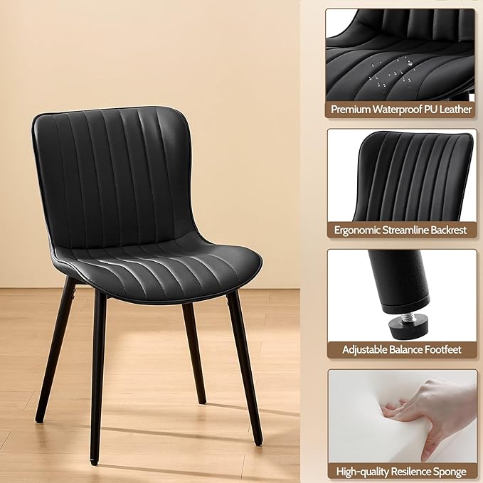 Modern Black Dining Chairs Set of 2, Heavy Duty Upholstered Side Chairs with Faux Leather, Comfortable Cushions & Durable Metal Legs with Adjustable Feet, Perfect for Kitchen, Dining Room