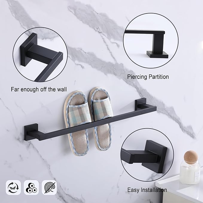 LANC Black Towel Bar for Bathroom Wall Mounted 16-Inche Matte Black Bath Towel Rack Stainless Steel Towel Rod for Cabinet Kitchen Towel Holder Towel Hanger Towel Rail, A9010MB-L4