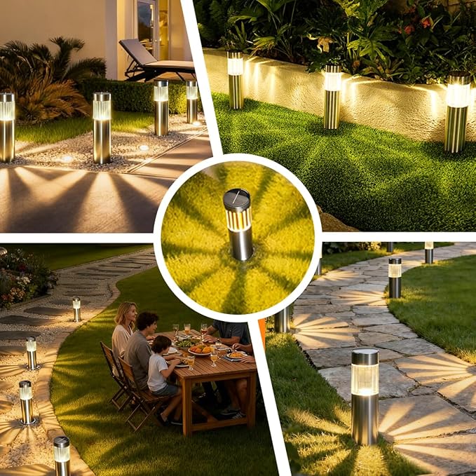 Solar Lights Outdoor Waterproof 4 Pack, Bright 35LM 3000K Warm White LED Pathway Lights, IP65 Auto On/Off Wireless Stake Lamps, Decorative Outdoor Path Lighting for Entryway, Poolside, Front Porch