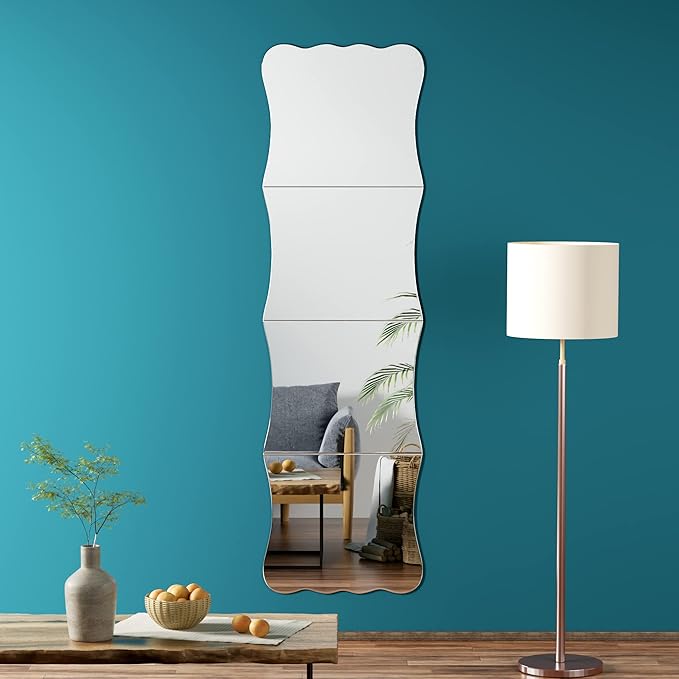 Wavy Full Length Mirror Shatterproof Acrylic Wall Mirror Tiles 47" x 14"(4 Pcs 12"x14"), Non-Glass Safety Body Mirrors for Baby Kids Playroom, Frameless Dorm Door Gym