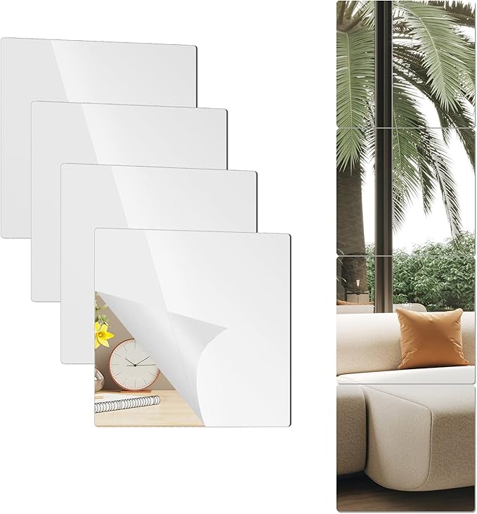Shatterproof Acrylic Wall Mirror Tiles, 6 Pack 12x12 Inch Self-Adhesive Full Body Wall Mirrors for Bedroom, Home Gym, Bathroom & Living Room, Unbreakable Flexible Mirror Sheets