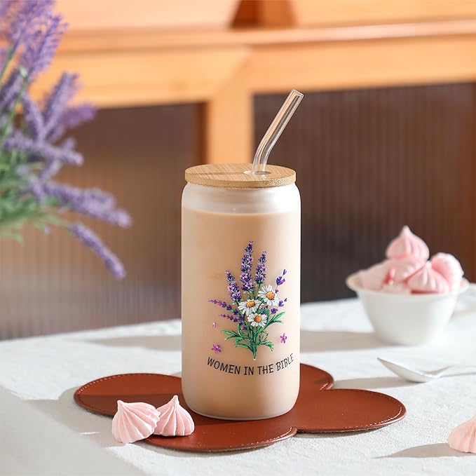Christian Gifts for Women - Women of the Bible Glass Coffee Tumbler with Straw and Gift Box - 16oz Christian Mug for Mother's Day, Sister, or Bible Lovers (Frosted Glass cup)