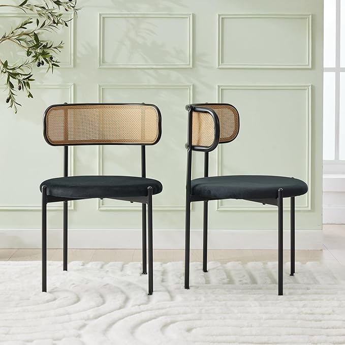 Rattan Dining Chairs Set of 8, Mid Century Modern Dining Chairs with Cane Back and Boucle Upholstered Seat, Farmhouse Kitchen Chairs for Dining Room and Living Room, Black