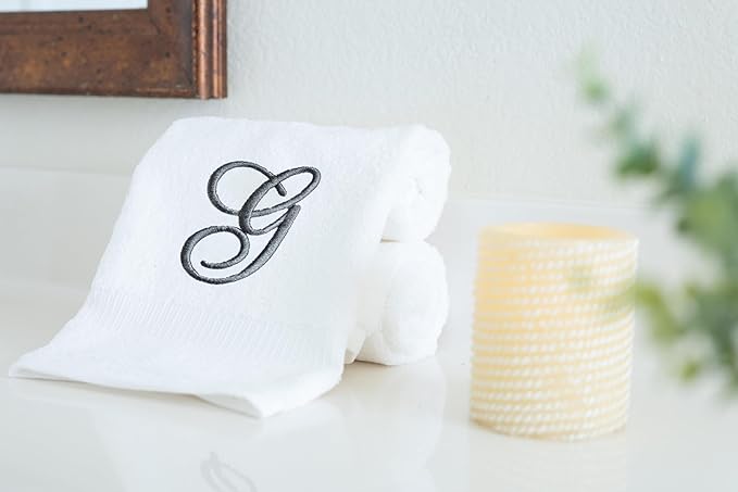White Monogrammed Hand Towels for Bathroom - Luxury Hotel Quality Personalized Initial Embroidered Towel for Powder Room, Spa - GOTS Organic Certified - Pack of 2 Dark Gray, Letter G
