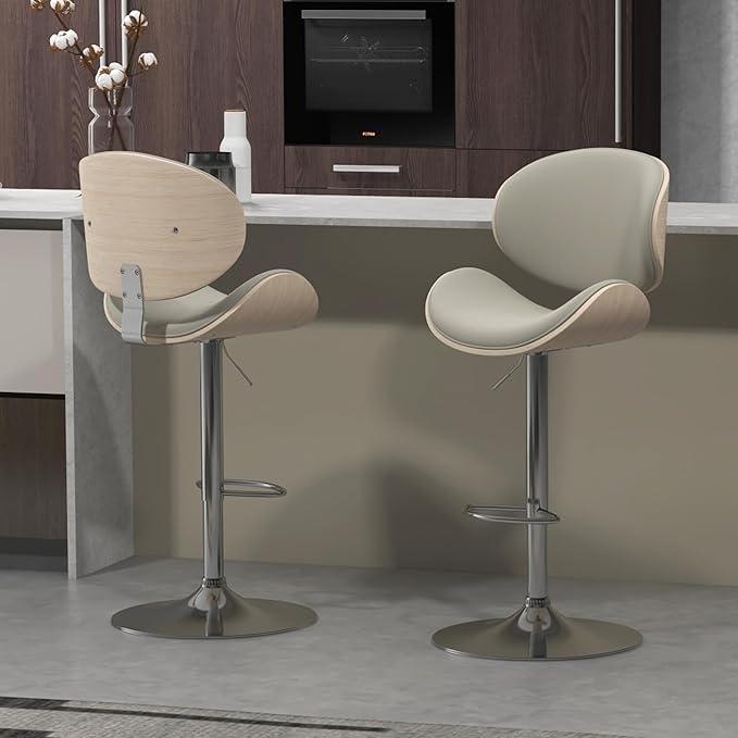 civama Bar Stools Set of 2 for Kitchen Counter, Adjustable Bar Height Chairs, Modern Swivel Barstools with Bentwood Seat and Back with Footrest, for Kitchen Island, Dining Room, Grey PU Leather