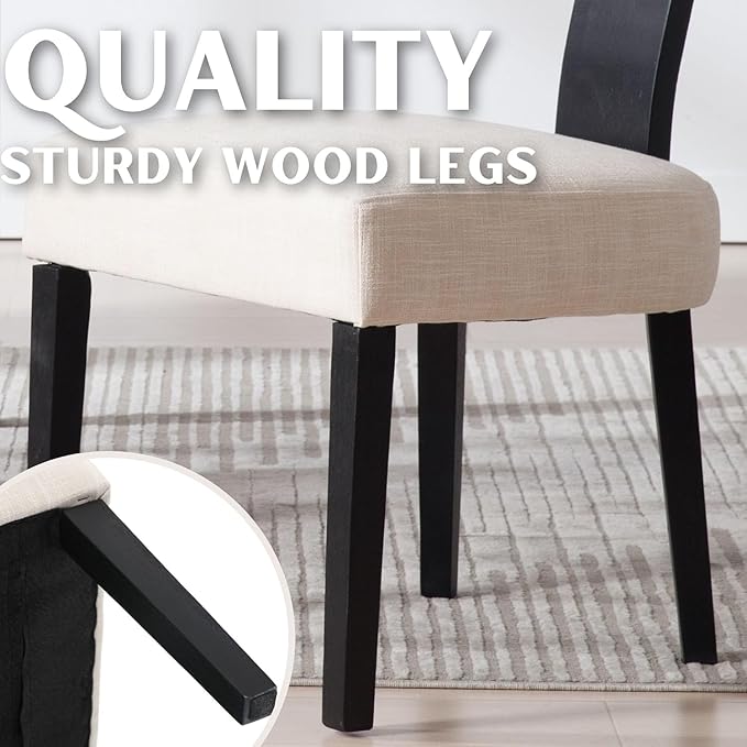 Rattan Dining Chairs Set of 6, Modern Dining Chair Kitchen Dining Room Chair, Curved Cane Back Upholstered Linen Fabric Dining Chair with Black Wood Frame, Beige