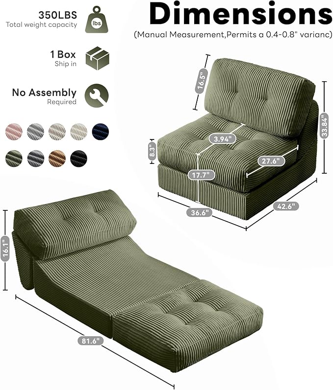 Tbfit Folding Sofa Bed, Convertible Sleeper Chair with Large Pillow, Corduroy Folding Couch Bed, Portable & Foldable Mattress Boneless Floor Sofa for Living Room, Bedroom, Office, Green, Single