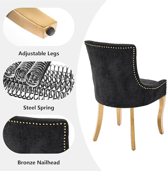 Luxury Fabirc Upholstered Dining Chairs Set of 6,Neutral Chenille Kitchen Room Chair with Nailhead Trim,6 Piece Modern Side Chairs for Dining Room,Living Room,Bar (Black-Gold, Set of 6)