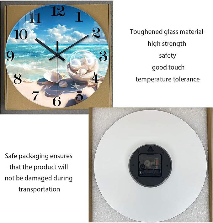 XNM Coastal Glass Clocks Battery Operated 20 Inch Blue Large Wall Clocks for Living Room Decor Round Quiet Wall Clock Modern