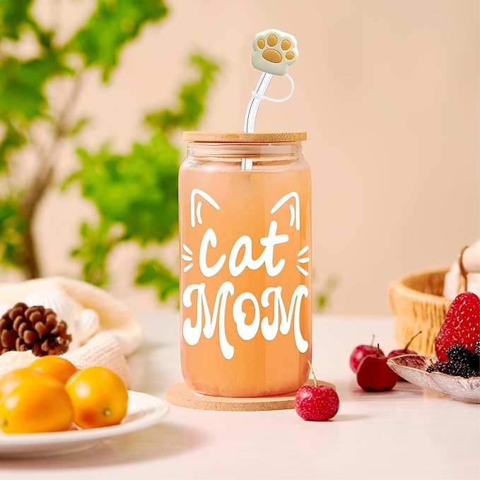 Cat Mom Gifts for Women Mothers Day Crazy Cat Lady Coffee Glass Cup with Lid Straw, Fur Lovers Owners Christmas Gifts for Daughter, Sister, Aunt, Best Friends, BFF - Including Straw Cap, Cozy Socks