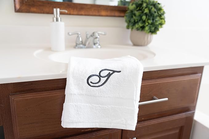 White Monogrammed Hand Towels for Bathroom - Luxury Hotel Quality Personalized Initial Embroidered Towel for Powder Room, Spa - GOTS Organic Certified - Set of 2 Dark Gray Letter T