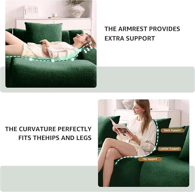 Green Modular Cloud Couch Loveseat with 2 Ottomans, Modern Teddy Fabric Boneless Sectional Sofa in a Box for Living Room, Deep Seat Floor Couch, No Assembly Required, Sofas para Sala