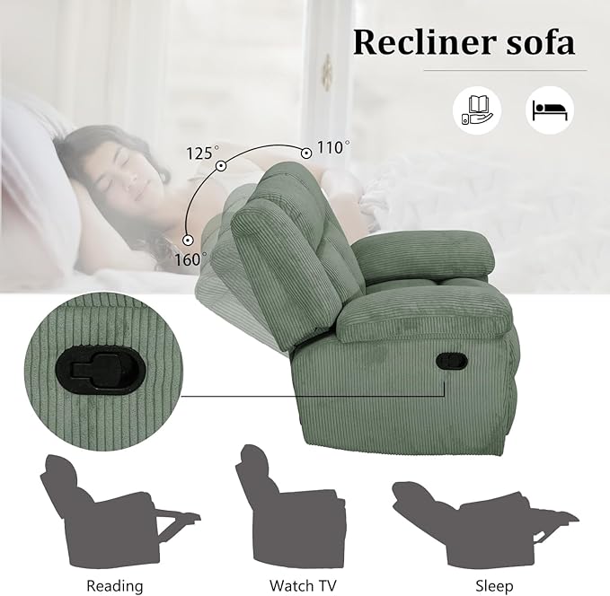 Manual Recliner Sofa Set,Corduroy Reclining Couch Set,Modern Living Room Furniture Set,Reclining Sofa Couch Chair for Living Room Home Office(Green,3 Pieces Set)