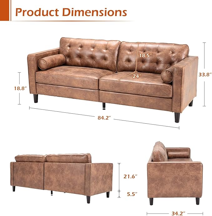 Esright Mid Century Modern Faux Leather Sofa, 84.2-Inch 3-Seater Vintage Couch with 2 Bolster Pillows, Large Brown Sofa for Living Room, Apartment, Office