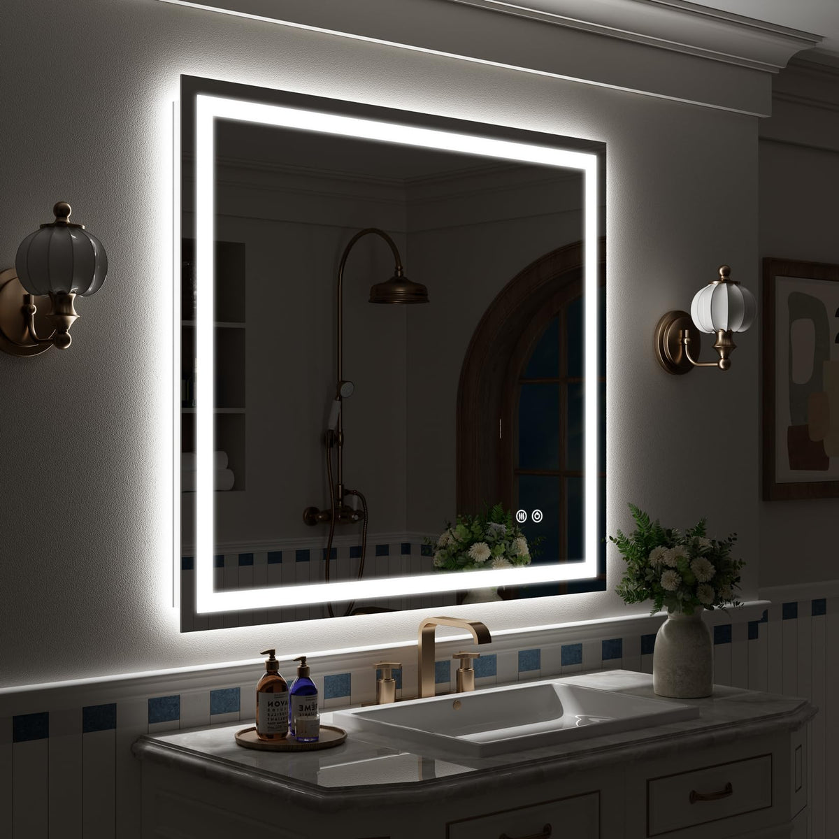 VEEYLOS 40x38 Inch LED Bathroom Mirror with Lights, Backlit & Front Lit