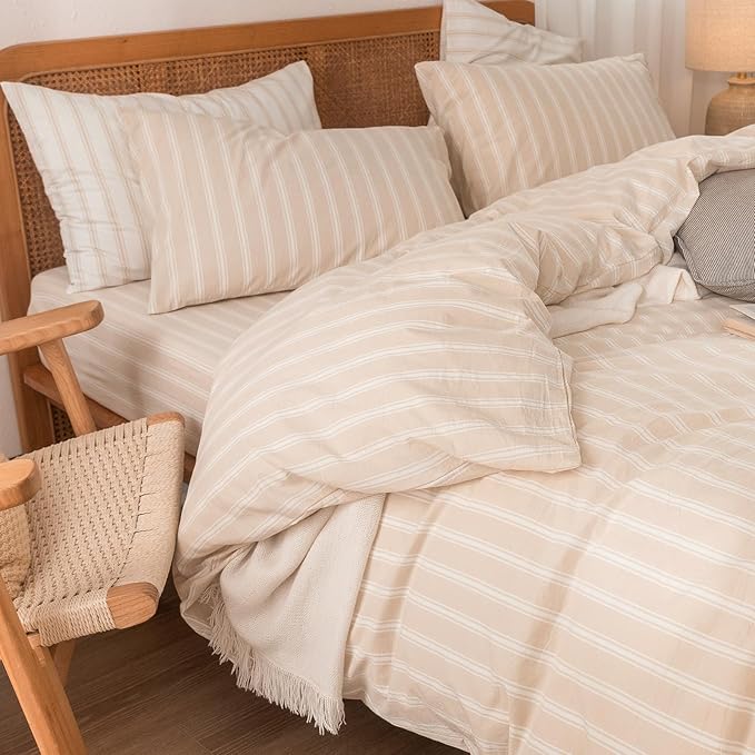 BESTOUCH Duvet Cover Set 100% Washed Cotton Linen Feel Super Soft Comfortable Chic Lightweight 3 PCs Home Bedding Set Almond Grey & White Stripes Queen