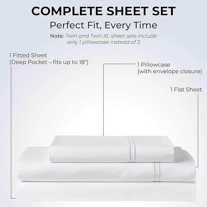 100% Natural Cotton Bed Sheets | 500 TC Single-Ply Sateen Weave Twin Sheets Set | Soft, Breathable, Hypoallergenic Solid 3-Piece Bedding with Deep Pocket Fitted, Flat, Pillowcase | White