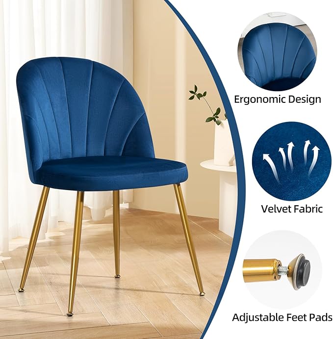 Velvet Dining Chairs Set of 6, Upholstered Mid Century Modern Dining Chairs, Armless Accent Chair with Metal Gold Legs for Living Room, Kitchen, Dining Room, Blue