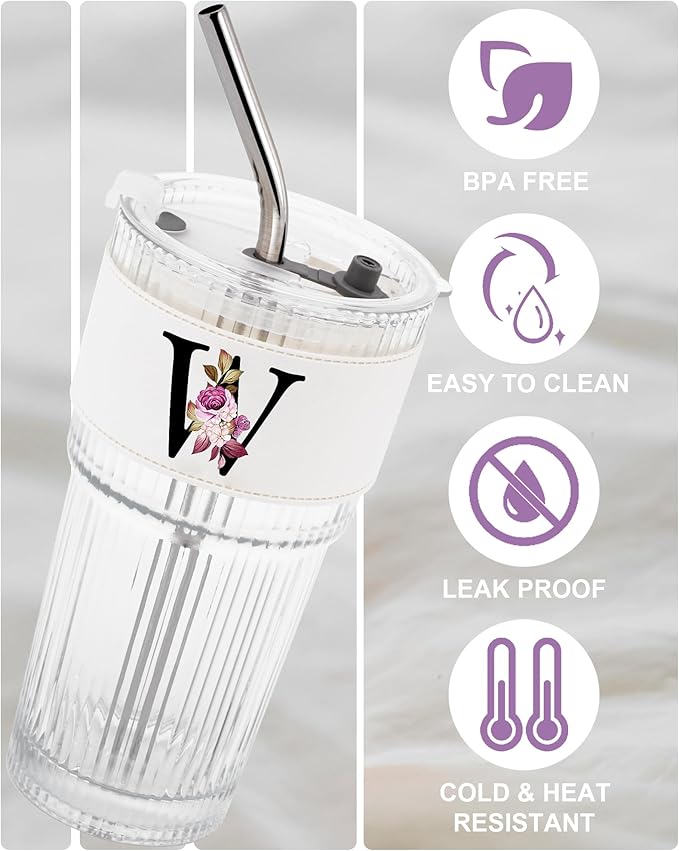 Monogram Glass Cup with Lid Straw Ribbed Ice Tea Matcha Latte Tumbler Women Family Preppy Hostess Client Cheerleader Cowgirl Senior Citizens Chaos Coordinator Bridemaid Maid of Honor Doctor Gift W
