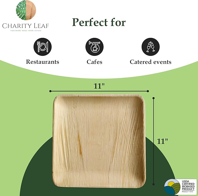 Charity Leaf Disposable Palm Leaf 11" Square Plates (100 pieces) Bamboo Like Serving Platters, Disposable Boards, Eco-Friendly Dinnerware For Weddings, Catering, Events