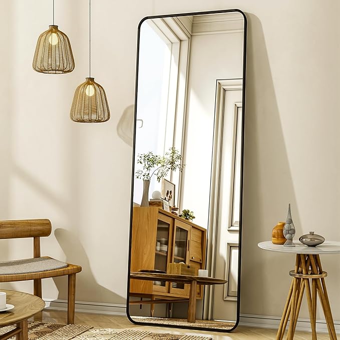 56"x21" Floor Full Length Mirror Standing Full Body Rounded Corner Rectangle Mirrors with Stand Hanging Wall Mounted Leaning Bedroom Living Room Bedroom Cloakroom,Black