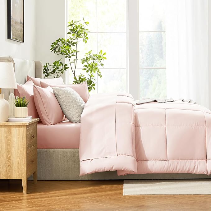 CozyLux Full Size Comforter Sets Blush Pink, 7 Pieces Bed in a Bag, Pink Comforter Full Size, All Season Bedding Sets with Stitch Quilted Comforter, Flat Sheet, Fitted Sheet, Pillowcases