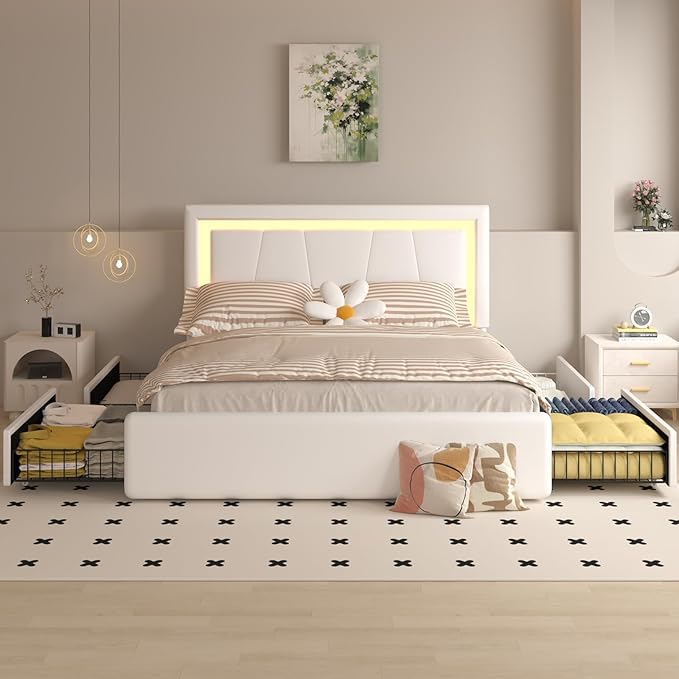 King Bed Frame with 4 Storage Drawers and Adjustable Headboard, Upholstered Platform Bed with LED Lights and USB Ports, Solid Wooden Slats Support, No Box Spring Needed, Easy Assembly, White