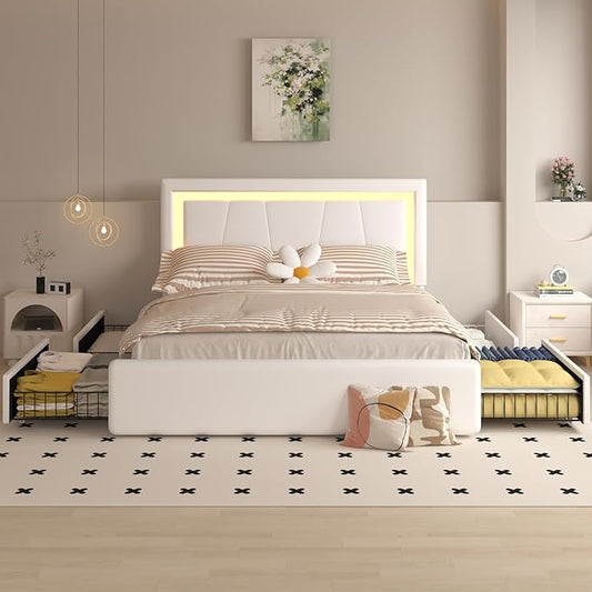 Full Bed Frame with 4 Storage Drawers and Adjustable Headboard, Upholstered Platform Bed with LED Lights and USB Ports, Solid Wooden Slats Support, Faux Leather, Easy Assembly, Beige