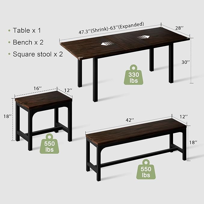 Feonase 5-Piece Dining Table Set for 4-8 People, 63" Extendable Kitchen Table Set with 2 Benches and 2 Square Stools, Dining Room Table with MDF Wood Board, Easy Clean, Dark Brown