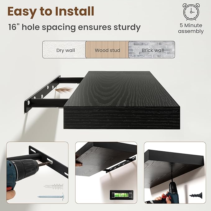 24 Inch Floating Shelves for Wall, 8 Inch Deep Floating Shelf for Storage & Display, Rustic Wall Mounted Shelf with Invisible Brackets for Living Room, Kitchen, Bathroom, Home Decor, Set of 2, Black