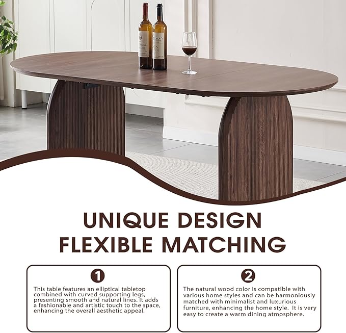 71'' Wood Dining Table,Oval Kitchen Table for 6-8,Walnut Table with Dual Pedestal Base,Farmhouse Dining Table Ideal for Kitchen,Dining Room(Easy to Assemble)