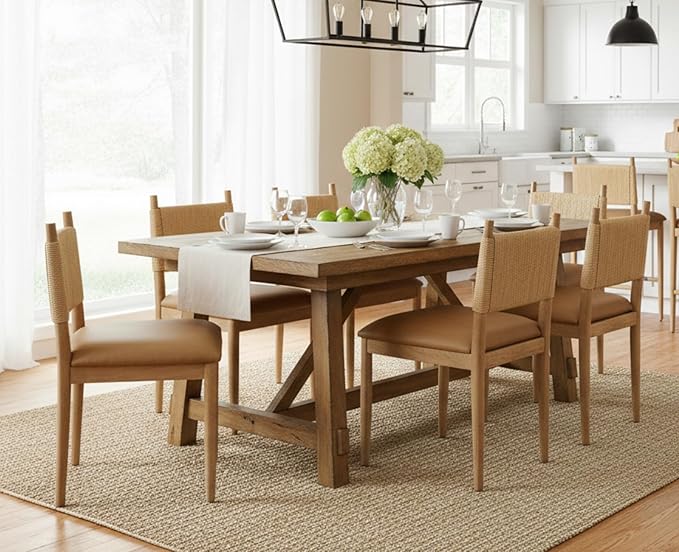 CIMOTA Faux Leather Modern Dining Chairs Set of 4, Mid Century Upholstered Dining Room Chairs with Woven Back, Armless Kitchen Chairs with Natural Solid Wood Legs, PU Brown