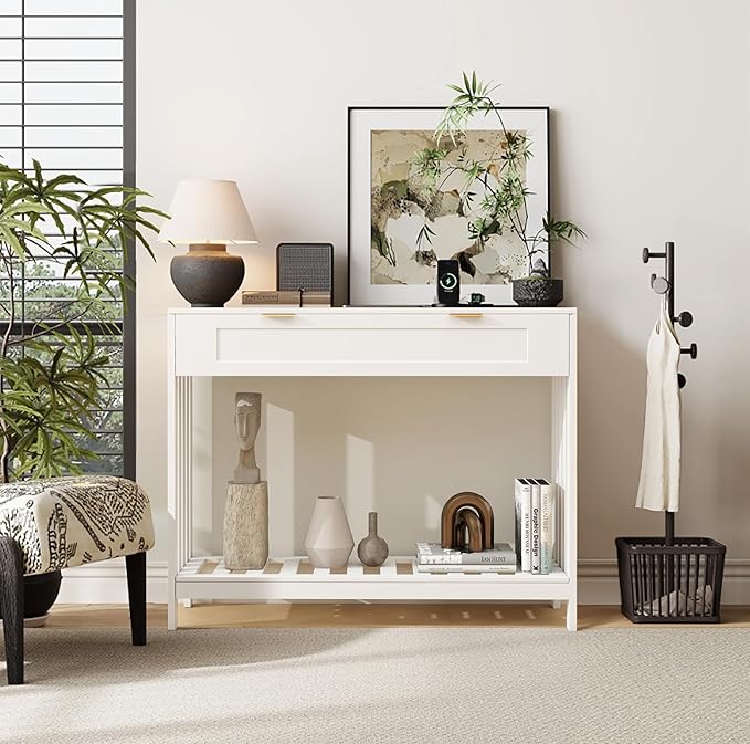 Entryway Table with Drawers Narrow Accent Sofa Table with Storage Shelf, Modern Wooden Console with Drawer Entry Table Storage Slats Shelf for Living Room,Entryway, Foyer, Hallway, White