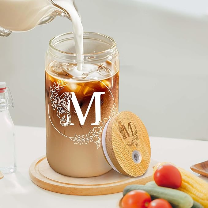 Initial Glass Cup with Engraving Cup Lid Personalized Birthday Gifts for Women Unique Monogrammed Presents Customized Gifts for Women Personalized Presents Presents for Her Mom Friend Birthday