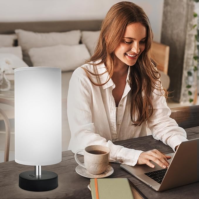 Small Lamp for Bedroom, Bedside Lamps for Night Stands, Mini Minimalist Table Lamp with Round Gray Fabric Shade, 11.4 Inch Desk Reading Lamp for Dorm Room Living Room Office Room, 2 Pack