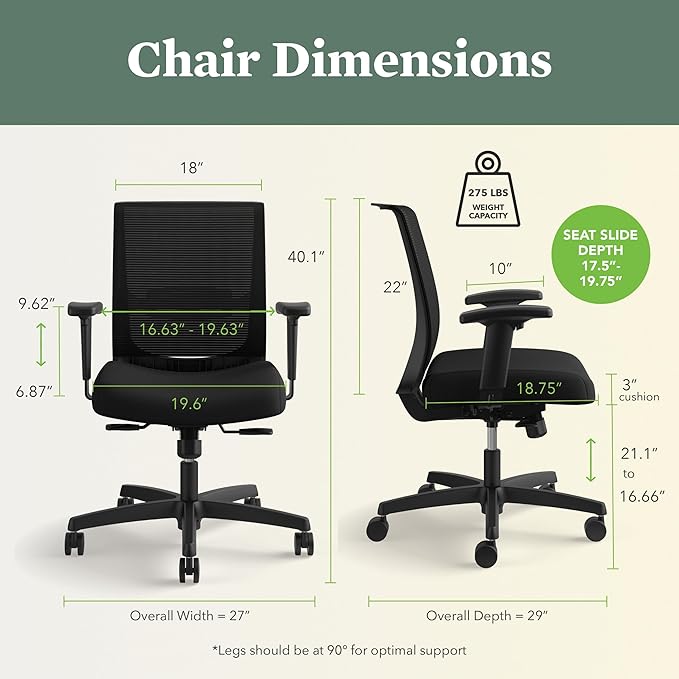 HON Convergence Ergonomic Office Chair, Breathable Back Support Mesh, Adjustable Arms, Computer Chair with Lumbar Support, Rolling Swivel Wheels, Comfortable Synchro-Tilt Recline, Fabric, Frost